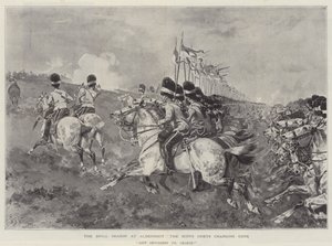 La saison des exercices à Aldershot, les Scots Greys chargeant les canons